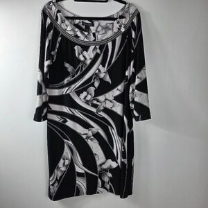 White House Black Market Women's Black White Floral Print 3/4 Sleeve XL Dress